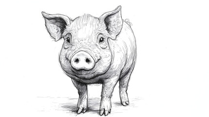 Black and white drawing of a pig on grass, with a white background