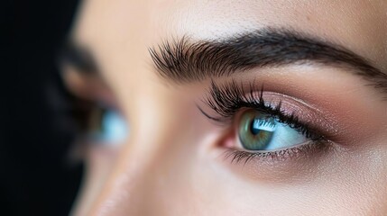 Fototapeta premium Close-up of a young woman's captivating green eyes framed by long lashes, showcasing beauty and emotion in a striking manner.