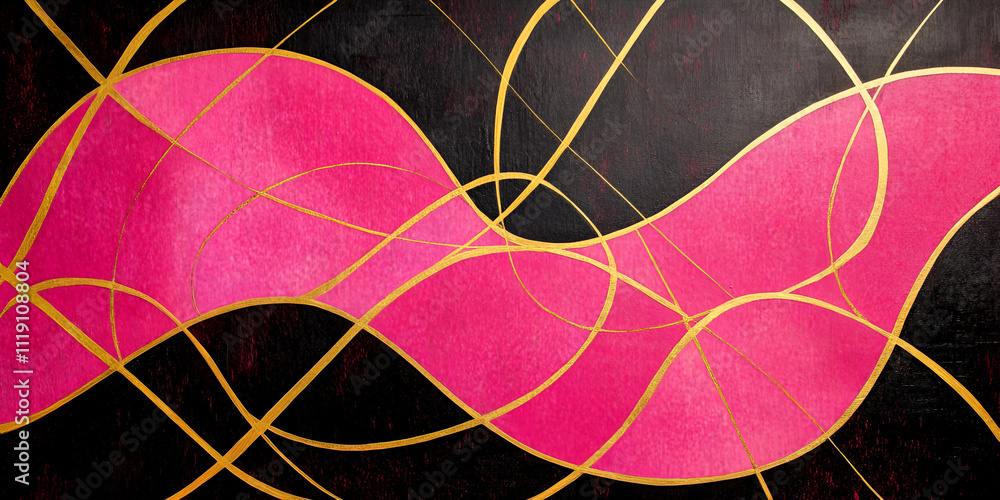 Poster crimson flow: abstract art featuring vibrant pink and black waves interwoven with golden lines, crea