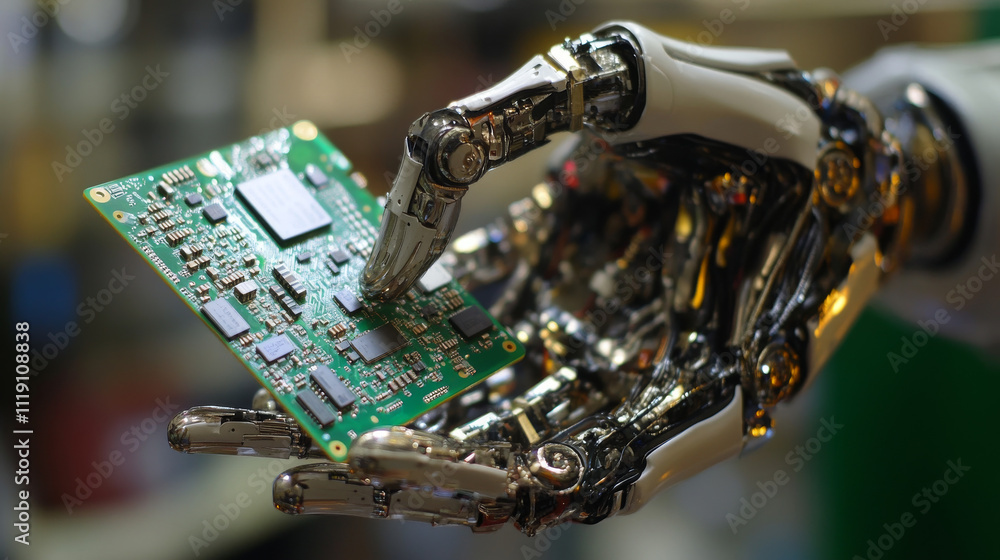 Poster modern high tech authentic robot arm holding contemporary super computer processor. industrial robot