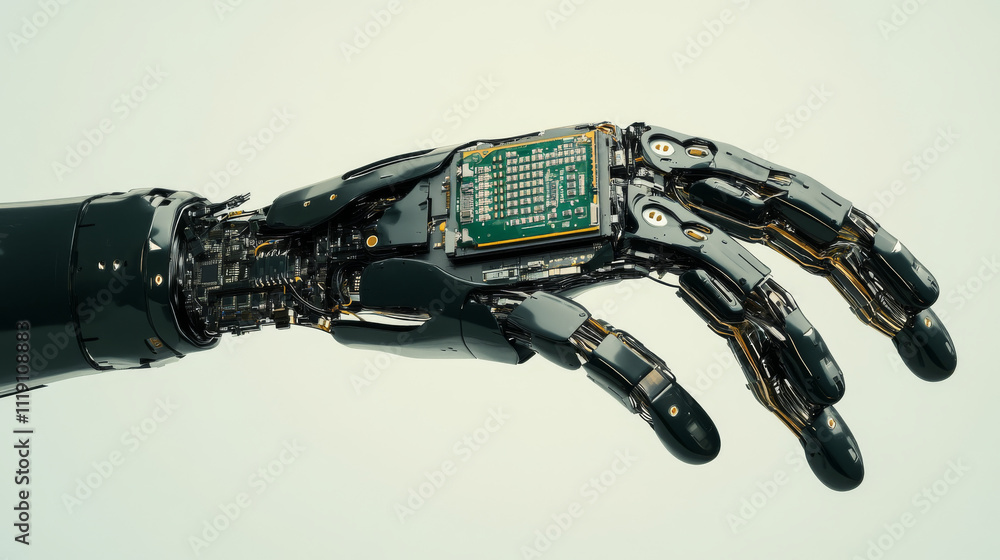 Aufkleber modern high tech authentic robot arm holding contemporary super computer processor. industrial robot