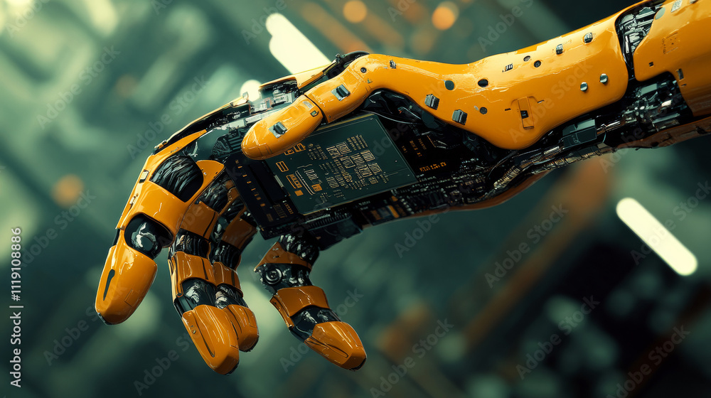 Aufkleber modern high tech authentic robot arm holding contemporary super computer processor. industrial robot