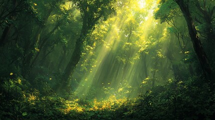 Obraz premium Sunbeams illuminate a mystical, green forest path.