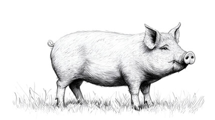 Black and white drawing of a pig on grass, with a white background