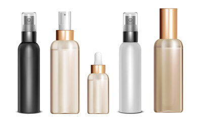 set of spray bottles mockup golden color black and white, transparent updated mockup bottle, plastic, container, shampoo, care, blank, spray, beauty, mockup  cosmetic, lotion, packaging, liquid