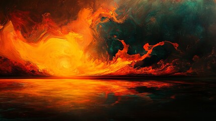 Fototapeta premium Vibrant Abstract Sunset Over Calm Water with Fiery Clouds and Colors