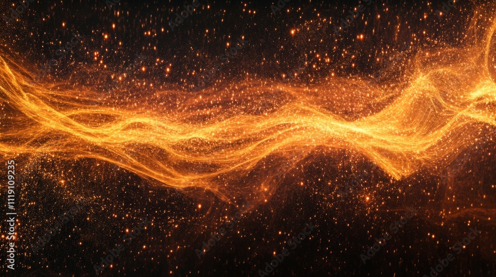 Poster glowing golden waves of light with sparkling stars in the background