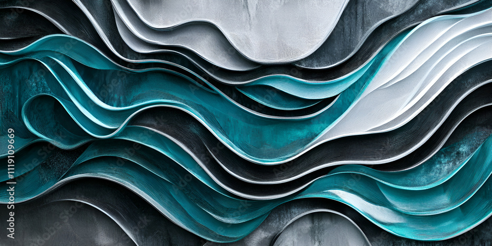 Poster abstract teal and silver waves: a mesmerizing abstract background featuring undulating layers of tea
