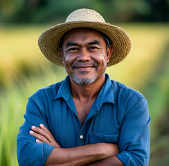 Fototapeta premium farmer smiles and waves his hand in the green rice field