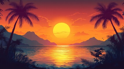 Obraz premium Tropical Sunset Over Calm Ocean With Palm Trees