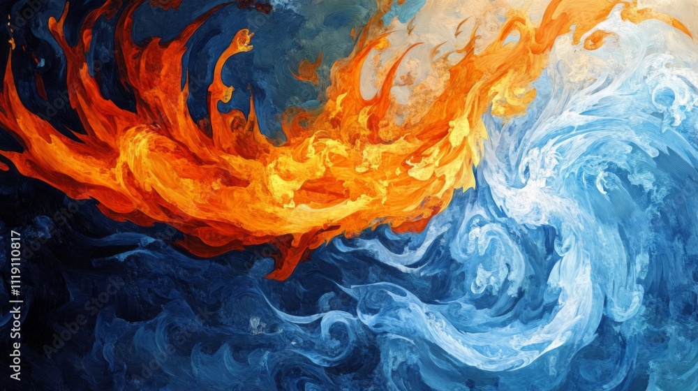 Poster dynamic abstract flames and waves representing elemental forces