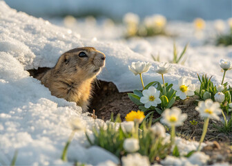 Prairie Dog Emerging from Snow Near Blooming Spring Flowers