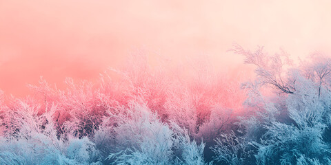 Fototapeta premium Winter Wonderland: Frost-kissed branches bathed in a dreamy, pastel sunrise. A serene winter landscape, perfect for evoking feelings of peace and tranquility.