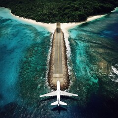 Aerial view of an airplane on a runway leading to a tropical island.