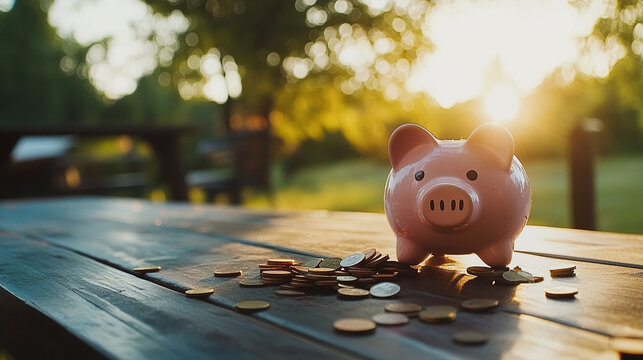 Broken piggy bank with coins scattered around, symbolizing financial struggle and the need for careful budgeting and saving.