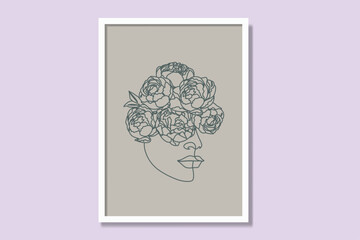 Feminine linear printable poster design. Modern flowers head continuous single line framed canvas prints minimal vector illustration—elegance woman portrait art minimalism interior design. 