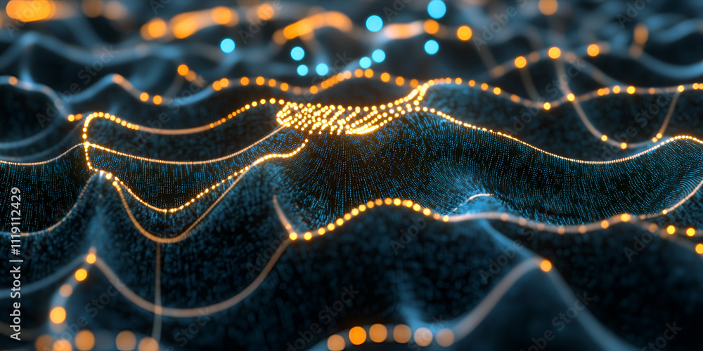 Poster abstract data flow: dynamic visualization of data points forming a wave-like pattern, glowing with w