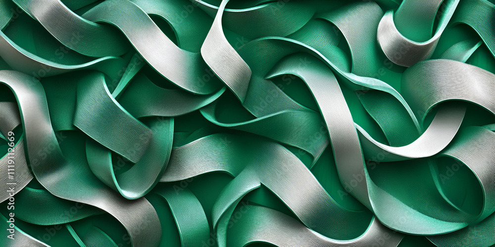 Poster abstract green and silver ribbons: a captivating abstract pattern of intertwining green and silver r