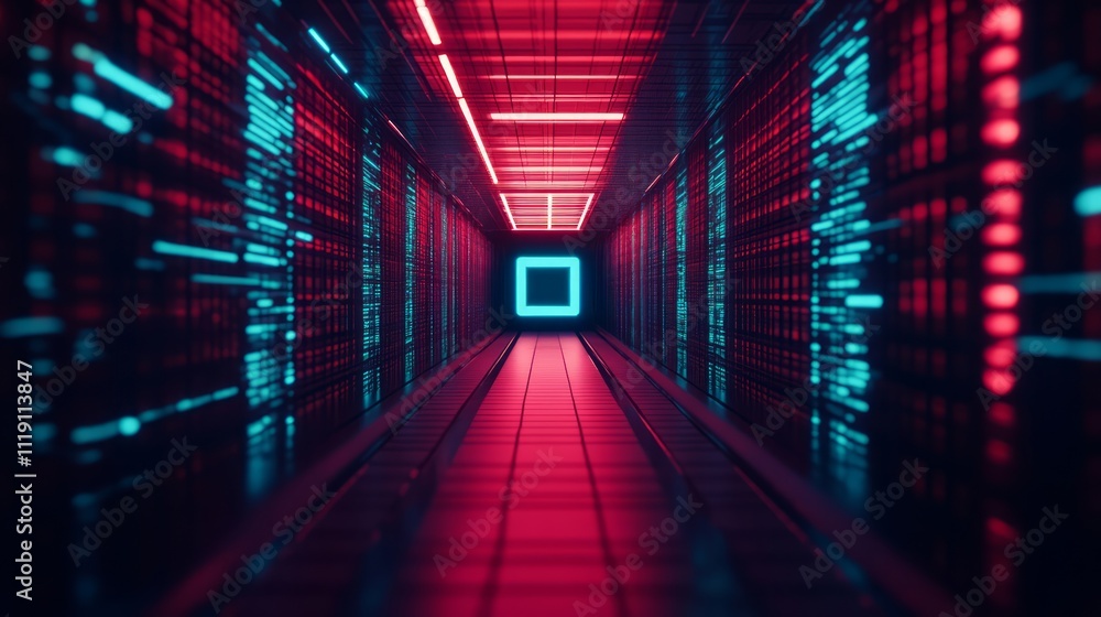 Poster futuristic digital tunnel with neon lights creating a vibrant and dynamic space illustrating technol