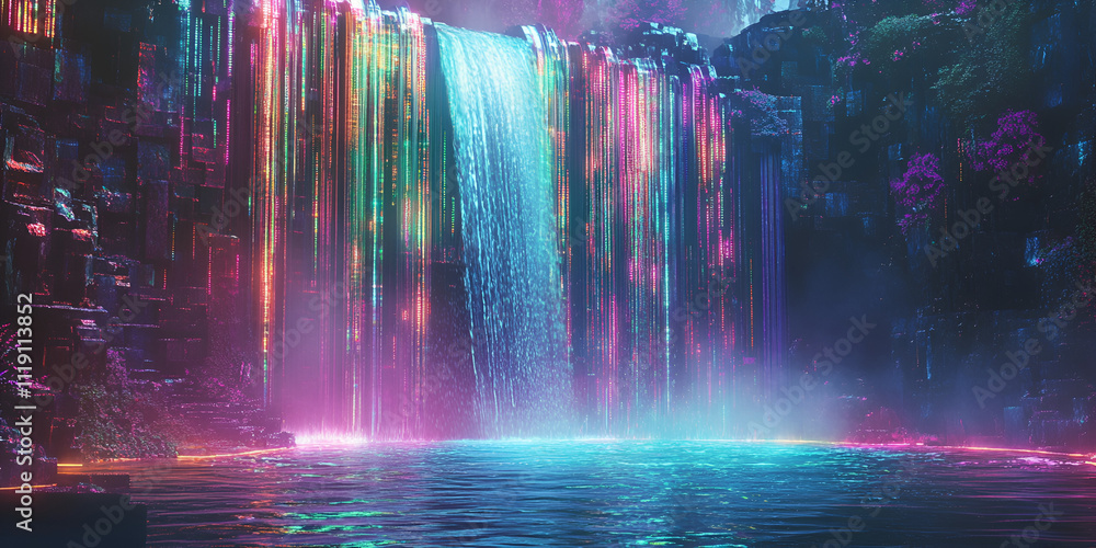 Poster magical waterfall: a mesmerizing display of colors illuminates a cascading waterfall, creating a sur