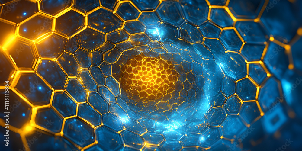 Poster hexagonal tunnel of light: abstract digital art depicting a mesmerizing tunnel composed of glowing h