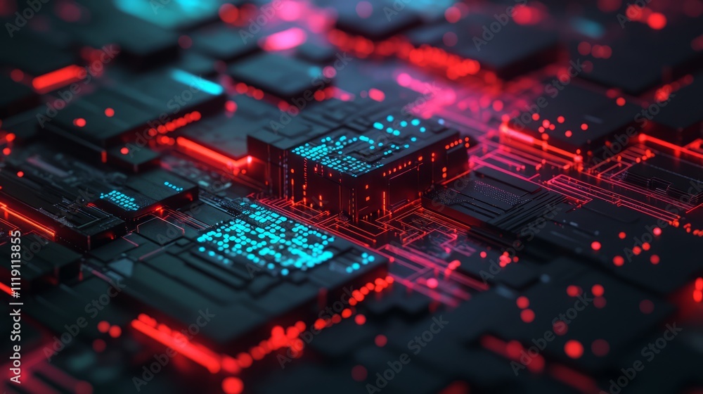 Poster abstract close-up of futuristic circuit board technology with bright neon lights in blue and red, sh
