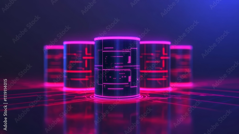 Poster futuristic data storage concept with neon lights and digital elements illustrating advanced technolo