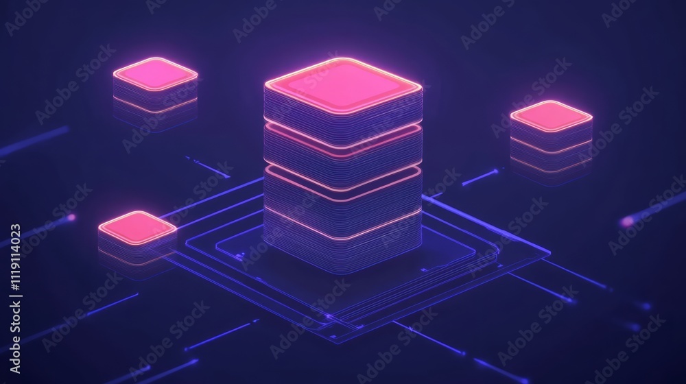 Poster futuristic digital stack representation with neon lights and abstract geometric shapes featuring dat