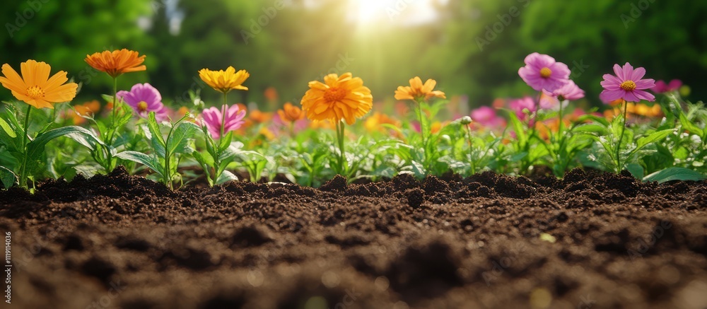 Poster a close-up view of brown soil with a row of colorful flowers in the background. the sun shines brigh