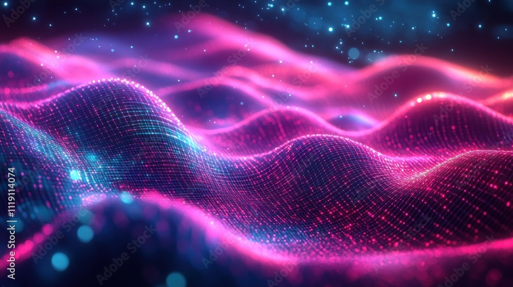 Poster vibrant neon landscape with glowing waves and data grid pattern in futuristic digital space