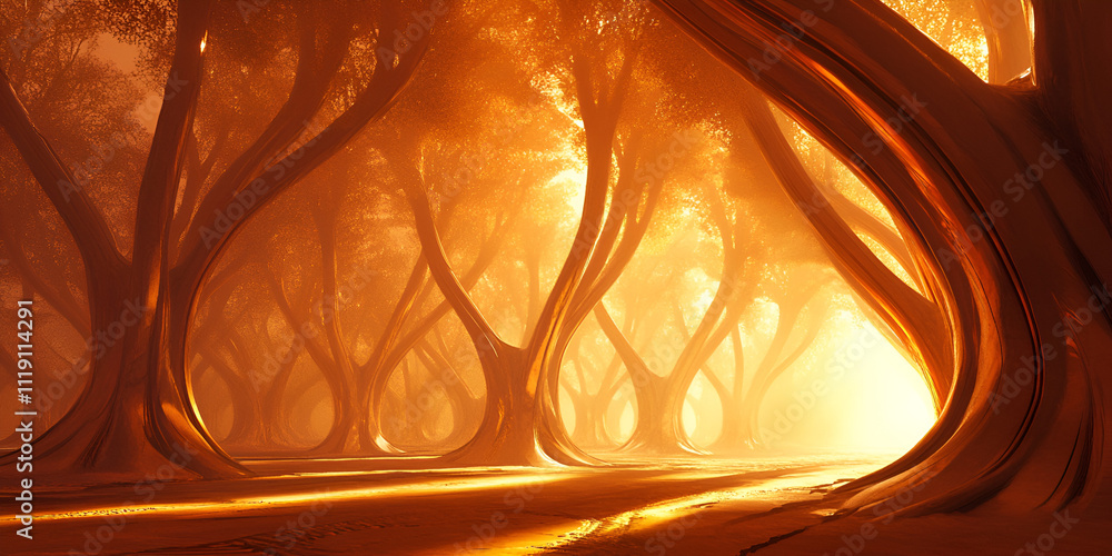 Poster golden forest path: a surreal, golden forest path illuminated by the warm glow of the setting sun. t