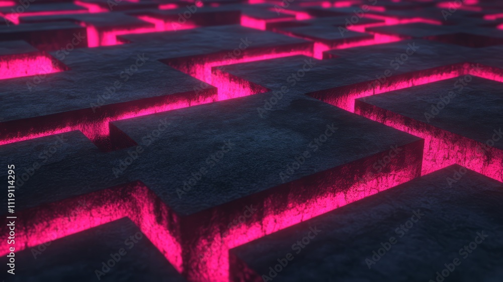 Poster futuristic abstract background with neon pink light illuminating dark concrete texture and maze patt