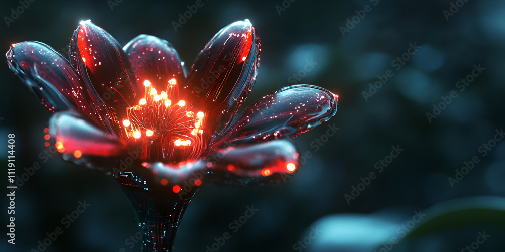 Poster glowing bloom: a captivating 3d rendering of a futuristic flower, its petals shimmering with a vibra