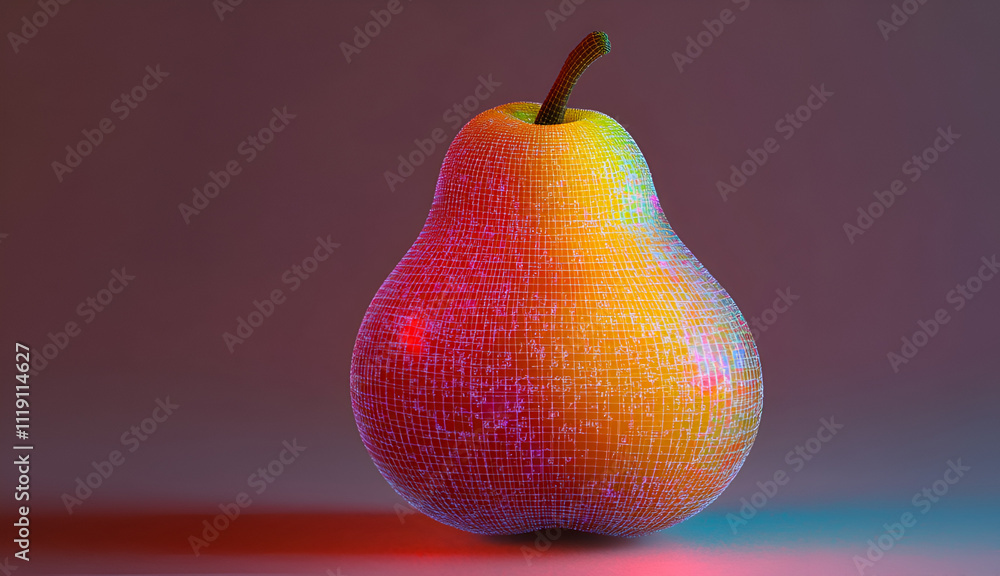 Poster pearlescent glow: a vibrant pear, bathed in surreal, multicolored light, commands attention. its tex