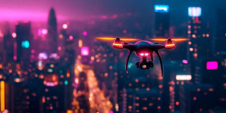Drone Soaring Above Neon City: A sleek, modern drone captures the dazzling cityscape at night. With its glowing lights and vibrant hues. - Powered by Adobe