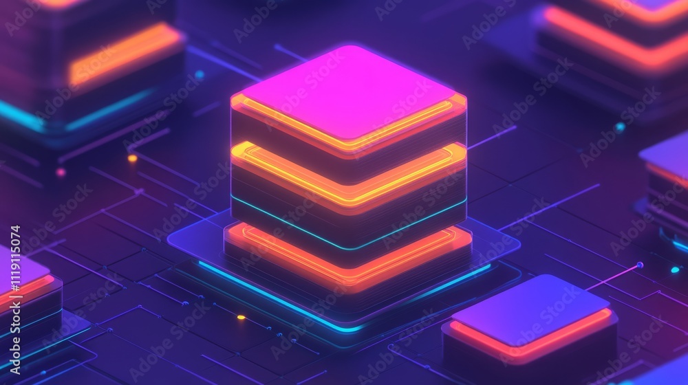 Poster abstract digital layers with neon lights representing data storage and technology concepts in a futu