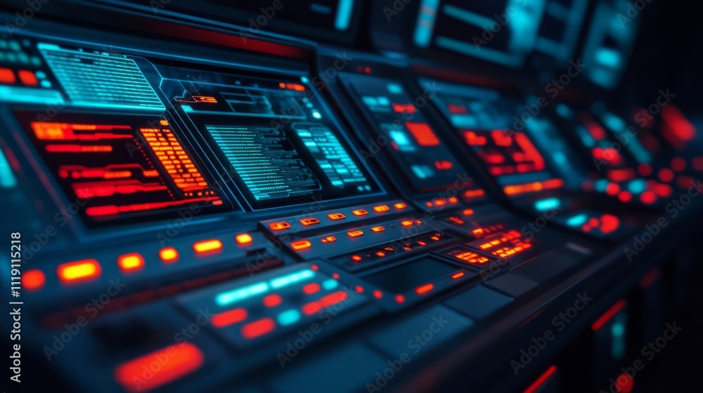 Poster futuristic control panel with glowing buttons and screens in a dark environment, ideal for science f