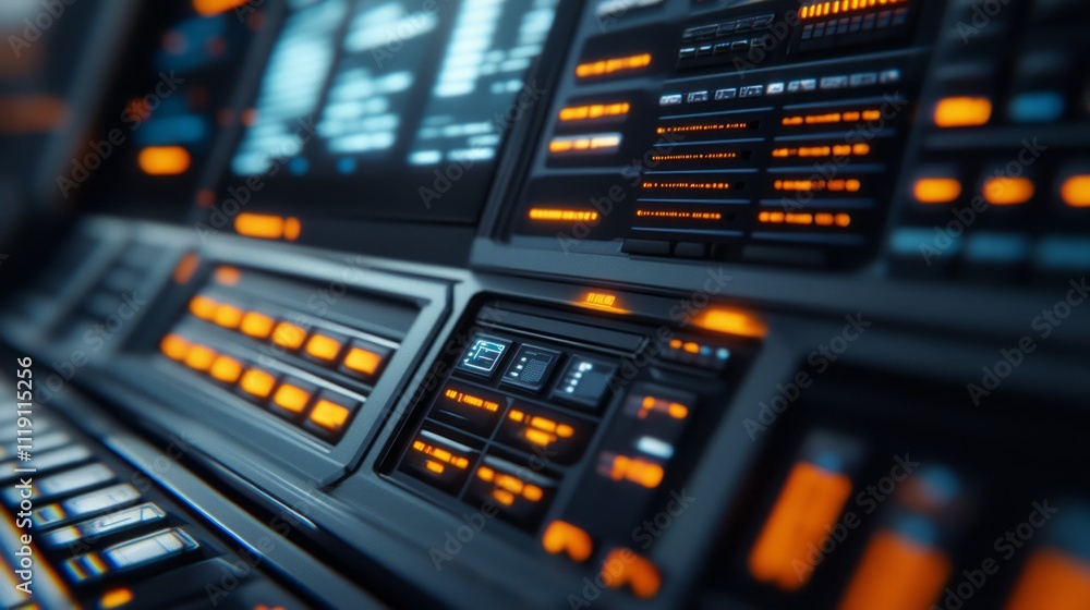 Poster futuristic control panel featuring high-tech buttons, monitor displays, and ambient lighting for sci