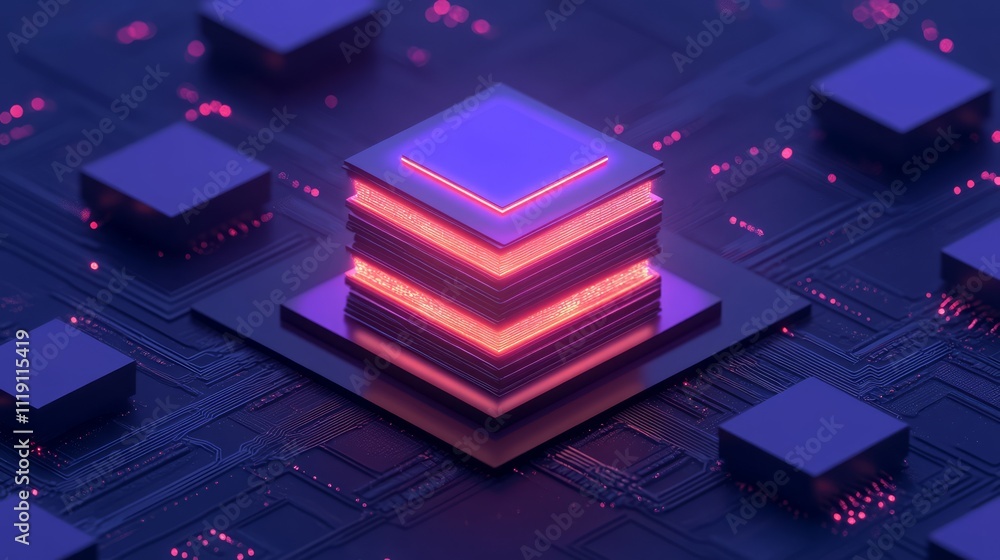 Poster futuristic digital processor stack with luminous effects on circuit board background, showcasing adv