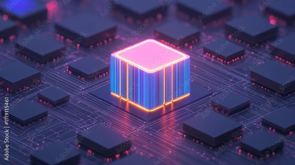 Poster colorful glowing microchip on circuit board surrounded by dark processors, illustrating advanced tec