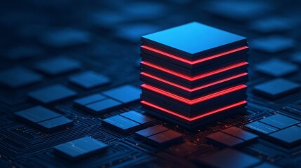 Stack of glowing microchips showcasing advanced technology against a dark background, representing innovation in computing and artificial intelligence for futuristic applications