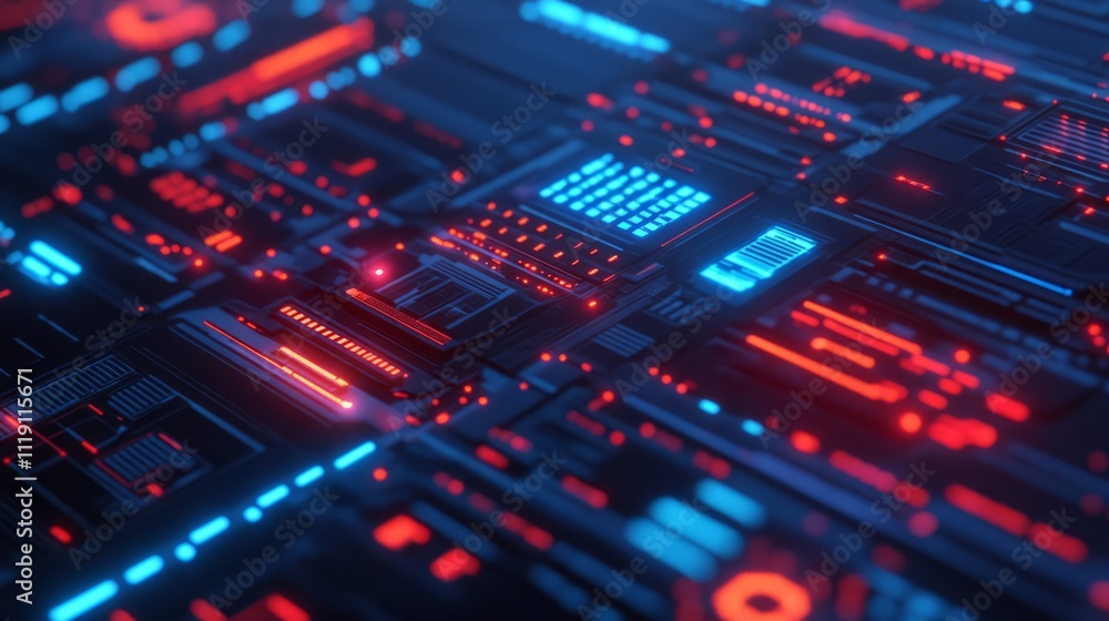 Poster futuristic abstract background with glowing blue and red circuitry design, digital technology grid, 
