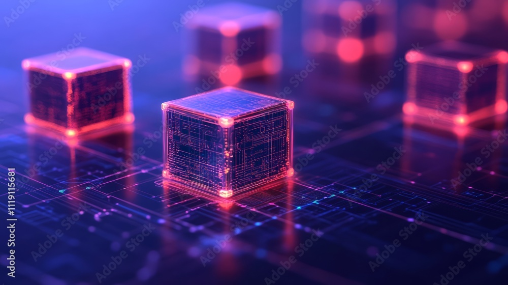 Poster abstract representation of glowing technology cubes on a digital circuit board background showcasing