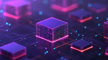 Obraz premium Futuristic Digital Data Processing Concept with 3D Rendered Geometric Shapes and Neon Colors Representing Technology and Artificial Intelligence Innovations