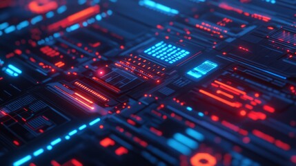 Fototapeta premium Futuristic Abstract Background with Glowing Blue and Red Circuitry Design, Digital Technology Grid, Data Visualization, Sci-fi Aesthetic for Tech and Innovation Themes