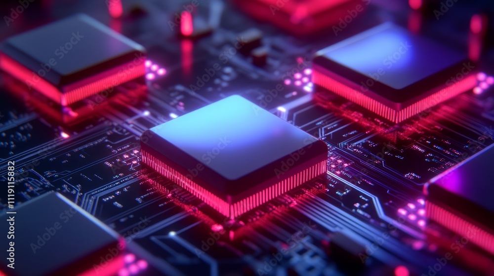 Poster abstract close-up of computer chips with neon lights on circuit board, showcasing modern technology 