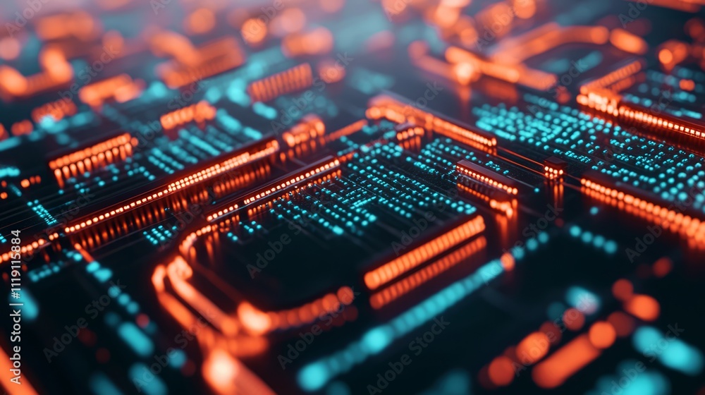 Poster abstract close-up view of a futuristic digital circuit board with glowing lines, interconnected node