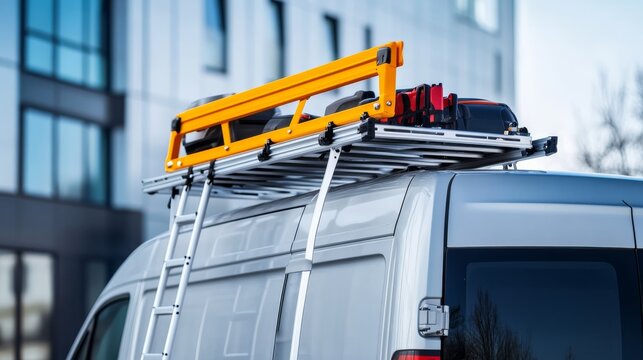 A van with a ladder rack shows a bright yellow ladder securely mounted on the roof, parked near a modern building.