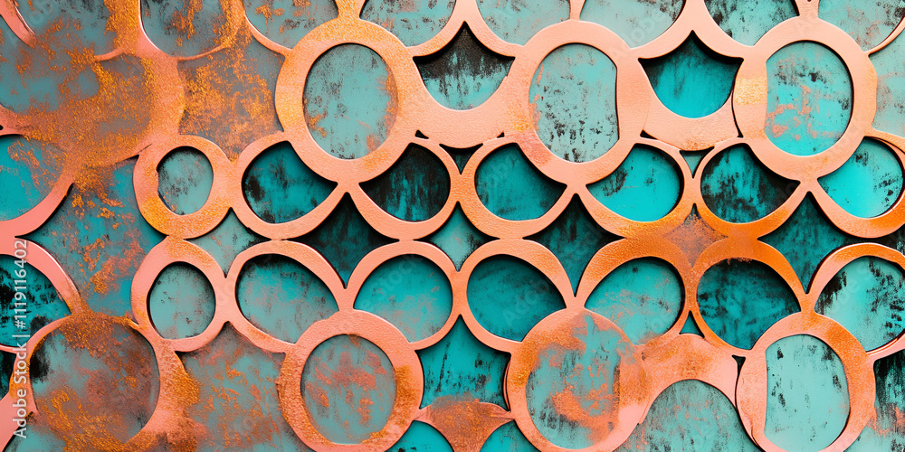 Poster Copper and Teal Abstract Art: Intricate circles and organic shapes in copper and teal create a mesmerizing abstract artwork. Perfect for adding a touch of modern elegance to any design project.