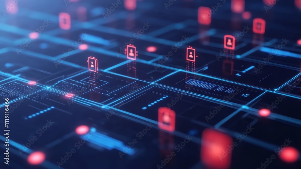 Poster futuristic digital network with data icons and security symbols representing technology, connectivit